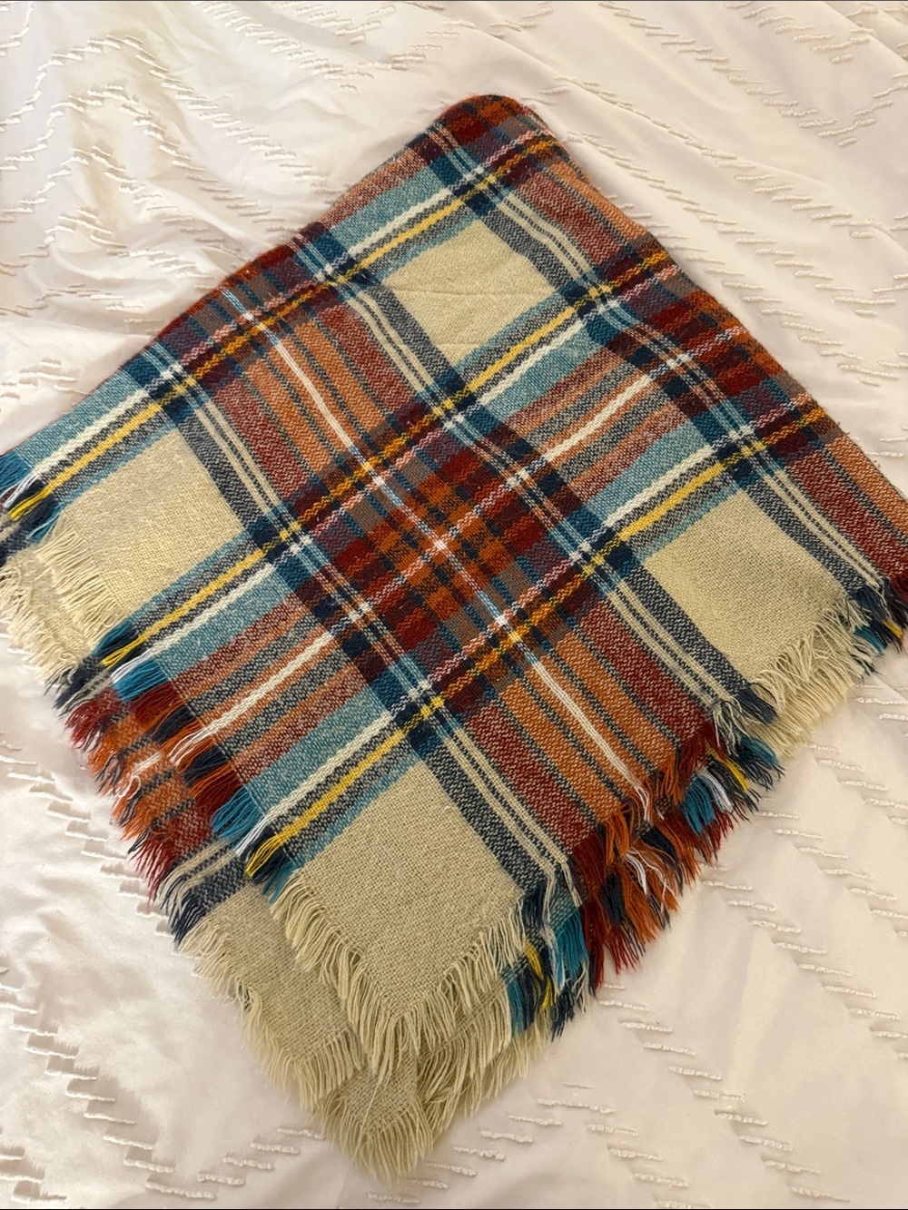 Plaid Toggle Poncho in Rust, Teal & Cream - Picture 10 of 14